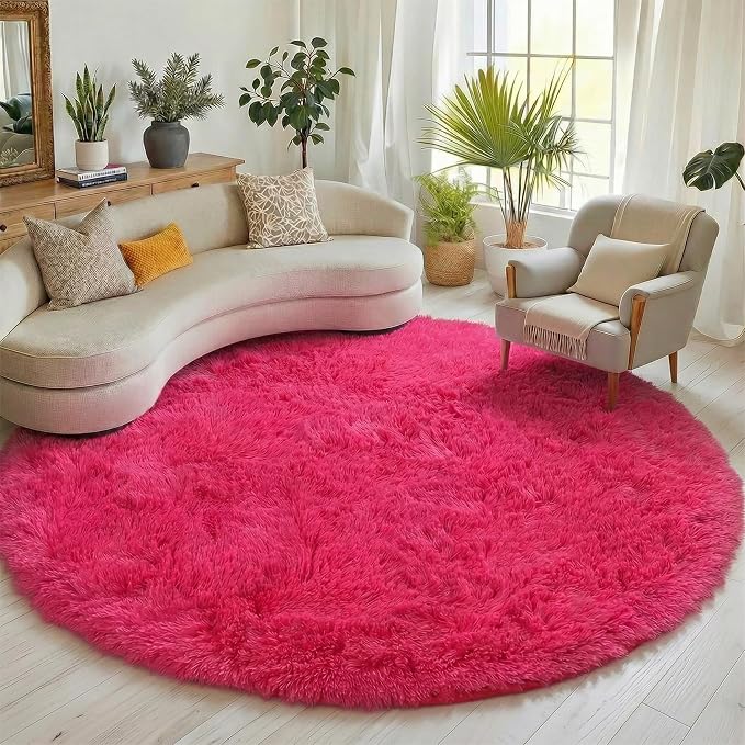 Hot Pink Round Area Rugs 4ft for Bedroom Living Room, Fluffy Circle Rug for - Image 5