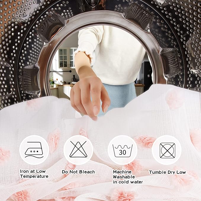 MYSKY HOME Small Window Curtains for Bathroom Kitchen 45 Inches Long Pink Pom Pom White Sheer Curtains Nursery Bedroom Girls Kids Room Rod Pocket 2 Panels Boho Cafe Window Drapes Blush 52" x 45"