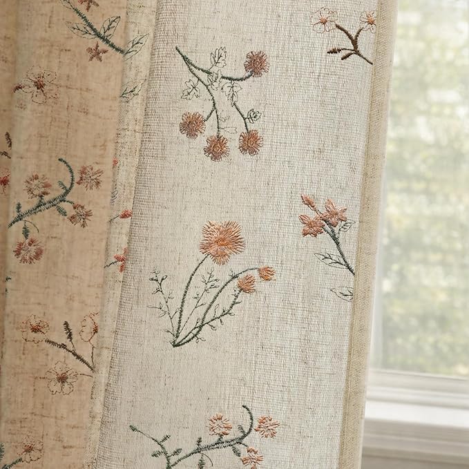 Floral Embroidered Light Filtering Curtains 84 Inch 2 Panels | Linen Blend by Unknown