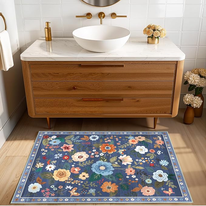 RELEANY Floral Washable 2x3 Area Rugs Doormat Blue/Grey | Flower Carpet Print - Image 2