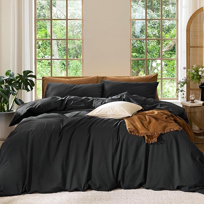 MooMee Bedding Duvet Cover Set 100% Washed Cotton Linen Like Textured Breathable Durable Soft Comfy (Solid Black, King 104"x90")