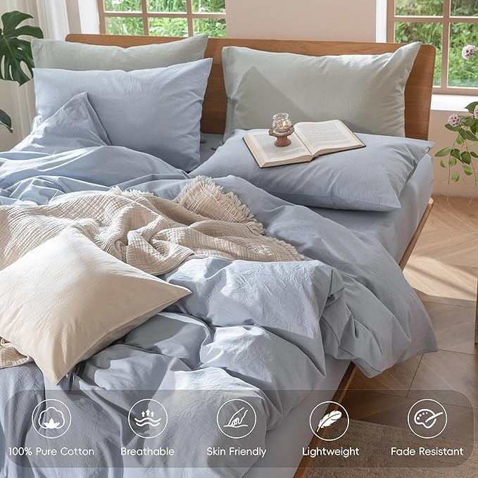 MooMee Bedding Duvet Cover Set 100% Washed Cotton Linen Like Textured Breathable Durable Soft Comfy (Heathered Cornflower Blue, Queen 90"x90")