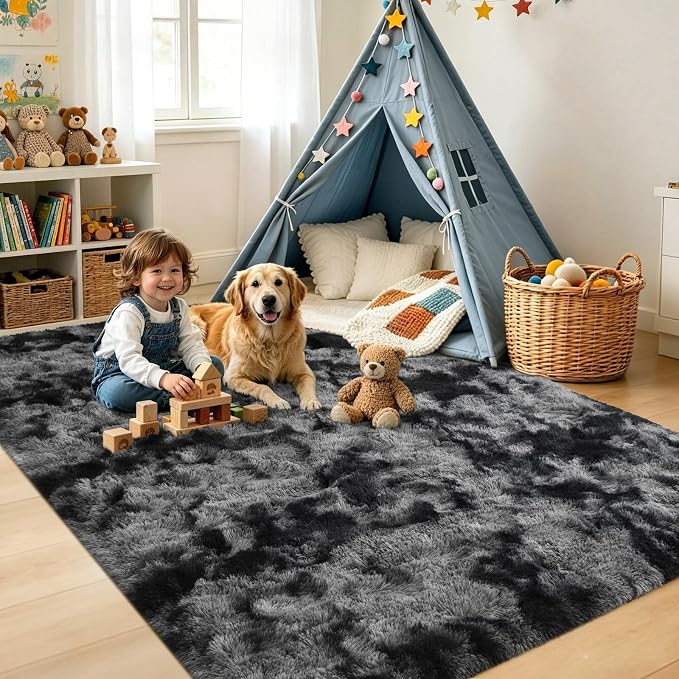 5x7 Tie-Dyed Dark Grey Fluffy Area Rug Non-Slip - Image 4