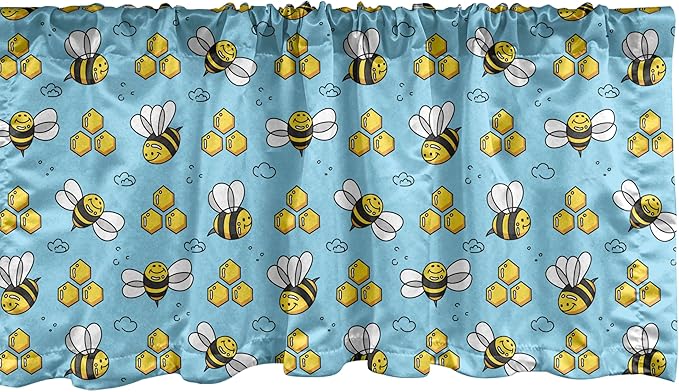 Ambesonne Cartoon Window Valance, Summer Style Funny Demonstration of Happy Flying Characters and Hexagon Comb, Curtain Valance for Kitchen Bedroom Decor with Rod Pocket, 42" x 12", Sky Blue Mustard