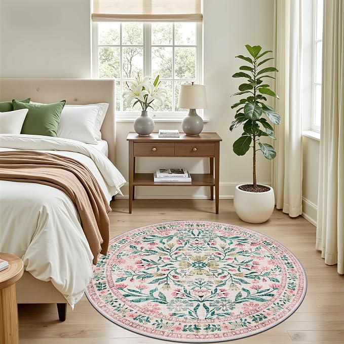 PLHXFR Round Area Rug Living Room: 4 ft Floral Washable Carpet Pink Green | - Image 3