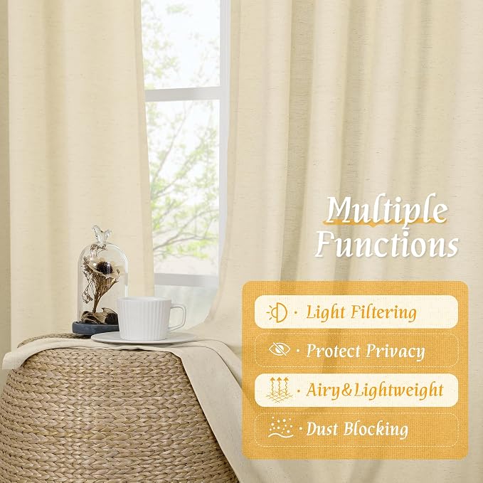 Semi Sheer Beige Linen Curtains 63 Inch Length - Image 9
