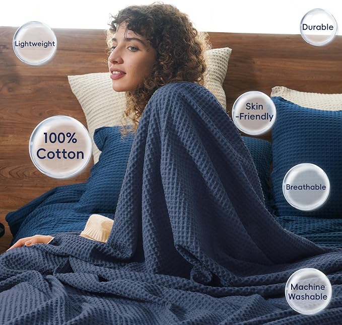 PHF 100% Cotton Waffle Weave Blanket King Size for Bed,Snag Proof Lightweight Breathable Moisture-Wicking Throw for Couch,Great for Layering in Cold Weather,Machine Washable,Home Decor Gift-Dark Navy