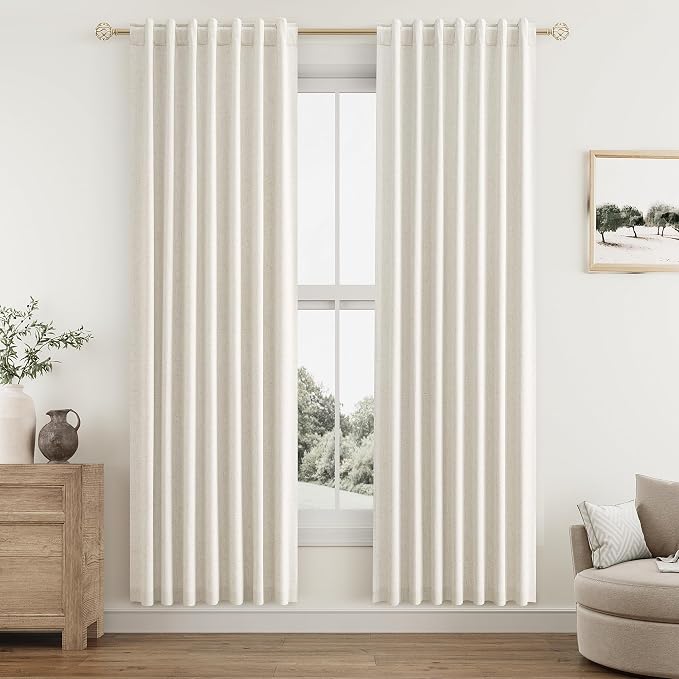 100% Blackout Linen Curtains for Bedroom 80 Inches Long Natural Cream Black Out by Guken