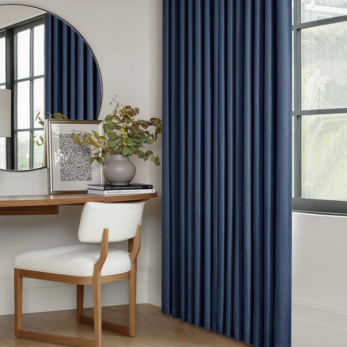 Navy Blue Pinch Pleated Full Blackout Linen 80 Inch Window Curtains | Room - Image 8