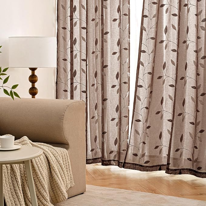 MIULEE Chocolate Brown Sheer Curtains 2 Panels Leaf Patterned, W52 x L96 | - Image 3