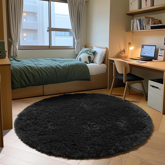 Black Round Area Rug 4ft, Soft Bedroom Circle Rugs Floor Mats - Image 3