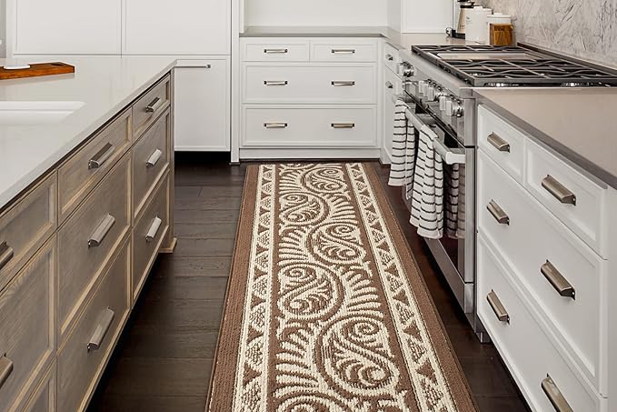 Custom Length Cut to Size Tribal Ethnic Southwestern Inspired Hallway Runner Rug, Non Slip Rubber Backed, 31 inch Wide X Customized Length, Mayan Brown, 31 inch X 13 feet