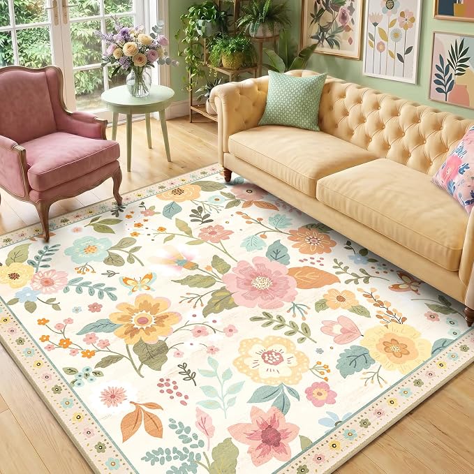 RELEANY Floral Washable Square 6ft Area Rug Beige/White/Orange | Flower Carpet by RELEANY