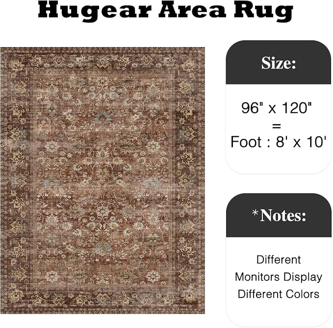 8x10 Brick Red Vintage Floral Washable Area Rug - Image 2