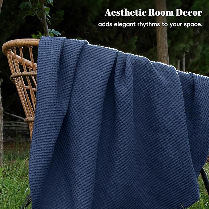 PHF 100% Cotton Waffle Weave Blanket Twin Size for Bed,Snag Proof Lightweight Breathable Throw for Couch,Machine Washable,Great for Layering in Cold Weather,Home Decor Gift-Navy Blue/Bright Blue