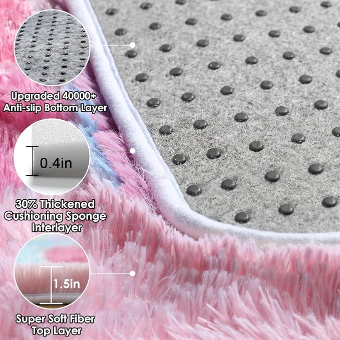 Checkered 8x10 Area Rugs for Living Room, Fluffy Pink Rainbow Girls Rug | Soft - Image 3