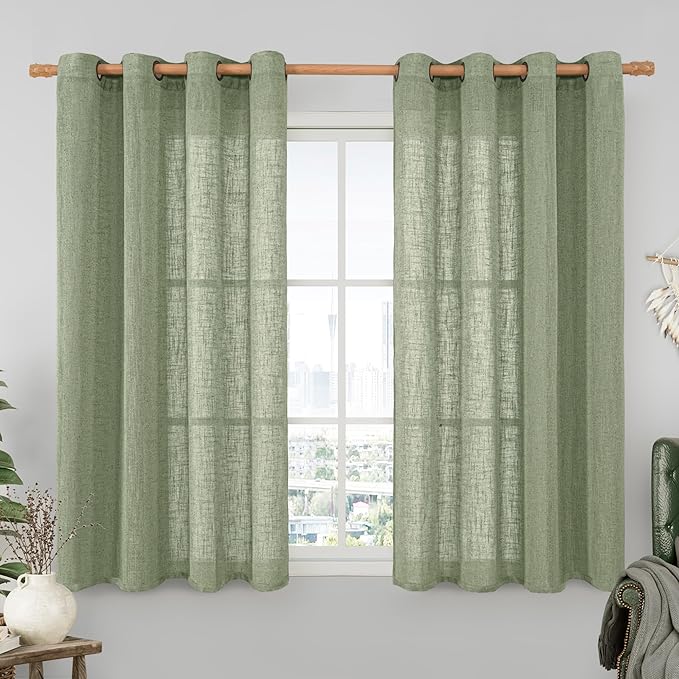 Semi Sheer Linen Curtains 54 Inch Long 2 Panels, Sage Green Light Filtering by LAMIT