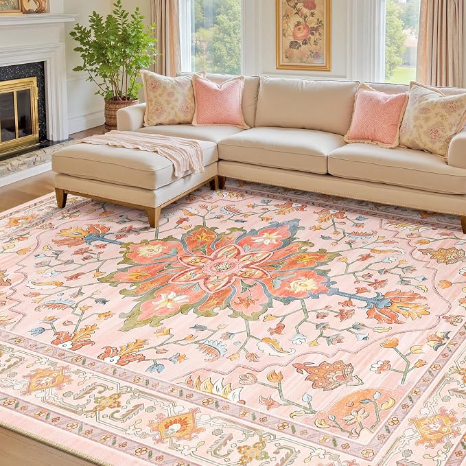 RELEANY Washable Area Rug, Water Repellent, Pet Friendly, Vintage Floral Boho by RELEANY