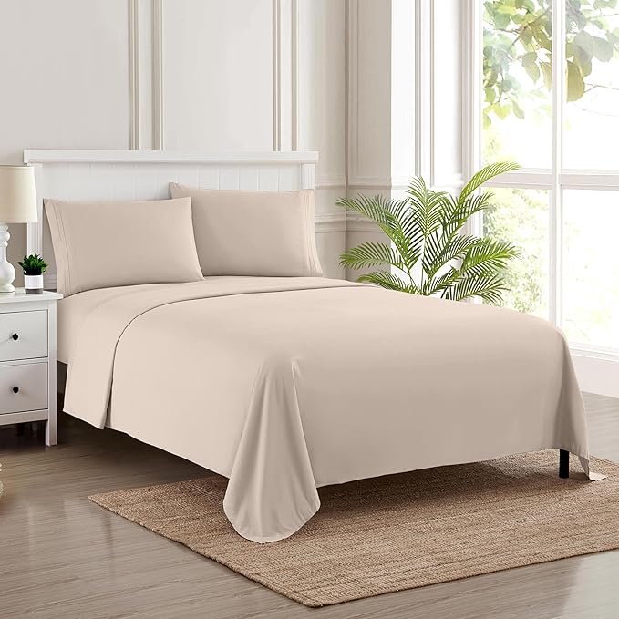 Queen Size Bed Sheets - Breathable Luxury Sheets with Full Elastic & Secure Corner Straps Built In - 1800 Supreme Collection Soft Deep Pocket Bedding, Sheet Set, EXTRA DEEP pocket - Queen, Beige
