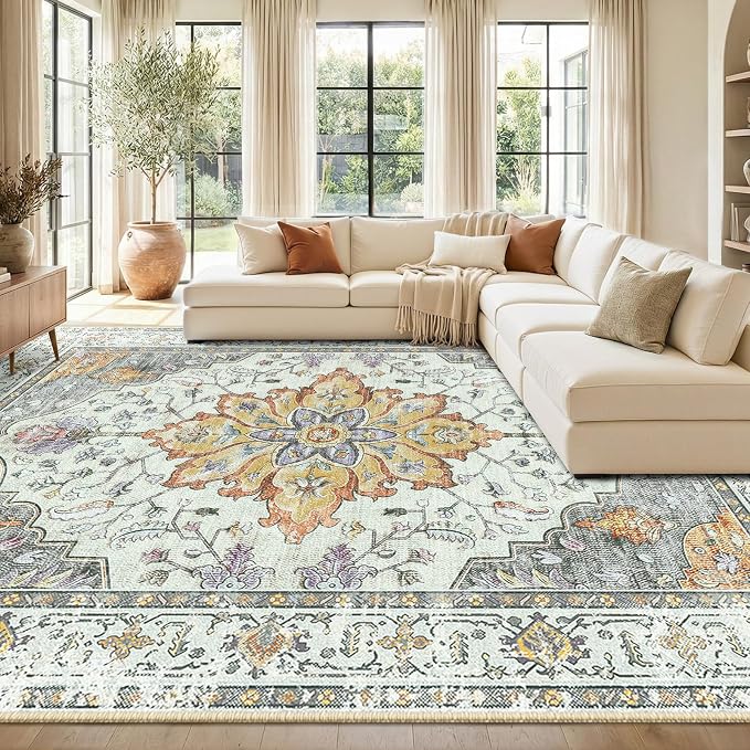 RELEANY Washable Area Rug, Water Repellent, Pet Friendly, Vintage Floral Boho by RELEANY