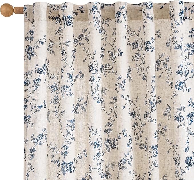 Blue Vintage Floral Linen Curtains Farmhouse 50W X 63L 2 Panels | Elisa Series by Lazzzy