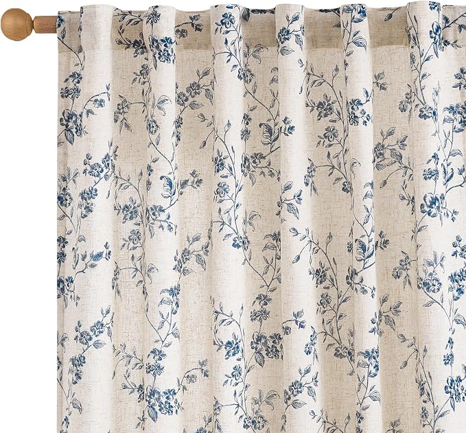 Blue Vintage Floral Linen Curtains Farmhouse 50W X 84L 2 Panels | Elisa Series by Lazzzy