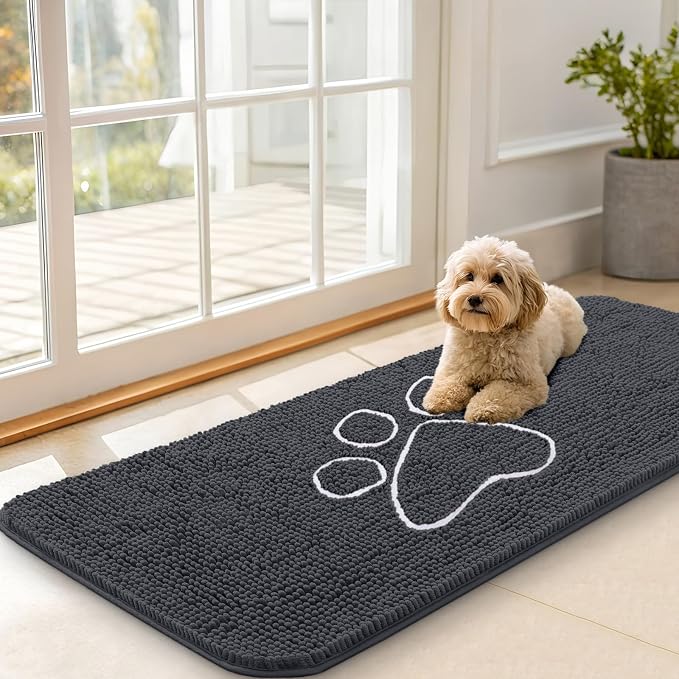 OLANLY Dog Door Mat for Muddy Paws 47x20, Paw Print Design Chenille Mud Mat | by OLANLY
