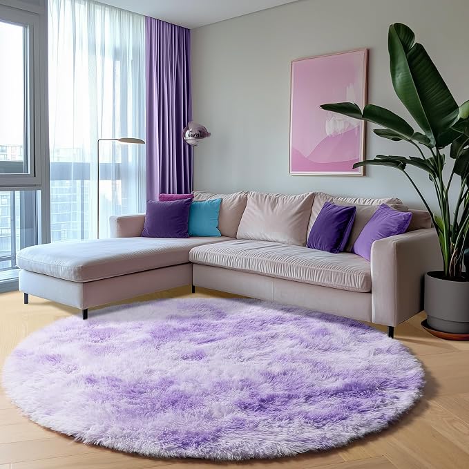 Round Rugs 5ft for Bedroom Living Room, Tie-Dyed Purple Fluffy Circle Area Rug - Image 6