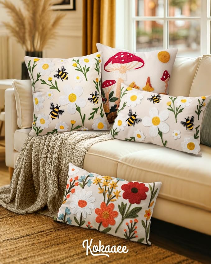 Embroidered Lumbar Pillow Cover 20x12 Inch, Flower Cluster | Decorative Throw - Image 6