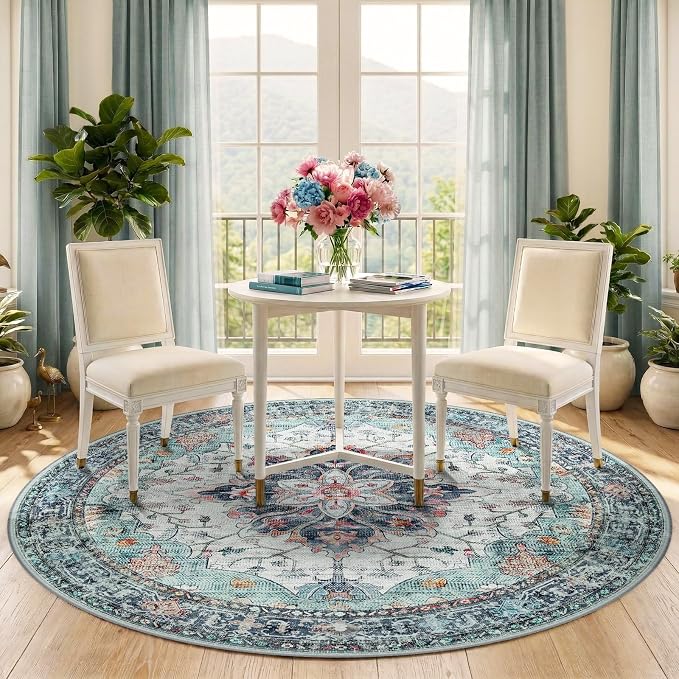 RELEANY Washable Area Rug, Round 5ft, Teal Green/White/Navy | Non-Slip - Image 3