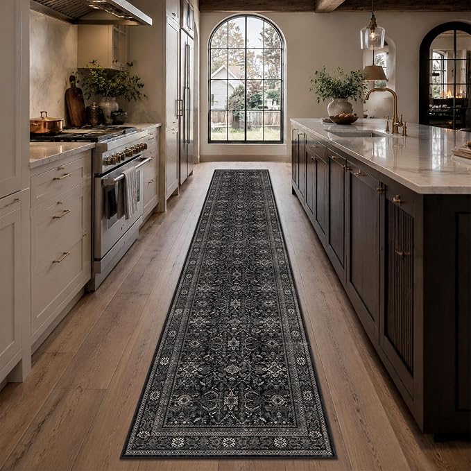Schweek 2x12 Washable Runner Rug Non Slip Vintage Black Kitchen Runners | - Image 3