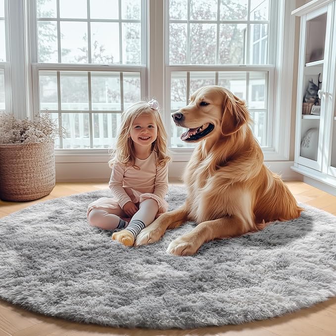 Tie-Dyed Light Grey Round Area Rugs 6ft, Ultra Soft Bedroom Circle Rug - Image 7
