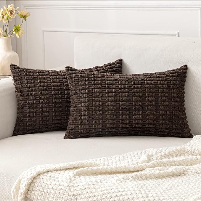 MIULEE Lumbar Corduroy Decorative Throw Pillow Covers 12x20 Dark Brown | Pack by MIULEE