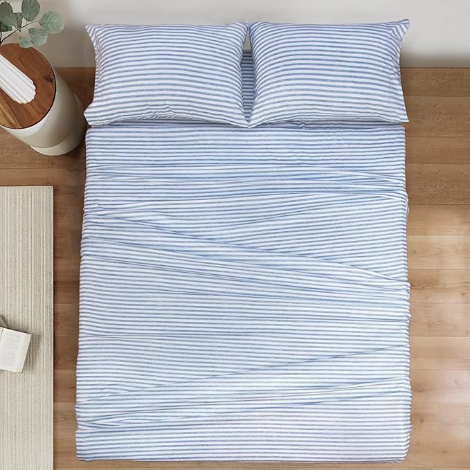 Mejoroom Striped Queen Size Sheet Set - Hotel Luxury 1800 Bedding Sheets & Pillowcases - Deep Pocket Fitted Sheet, Soft, Breathable, Wrinkle & Fade Resistant - 4 Piece (Blue Stripe)