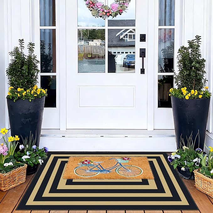 Front Door Mat Indoor Outside Entrance, 2x3 Black Tan Striped Rug | Non-Slip - Image 4