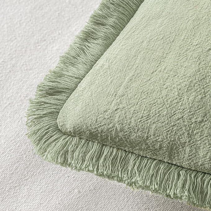 MIULEE Boho Linen Fringe Decorative Throw Pillow Covers Sage Green 20x20 | Set - Image 3