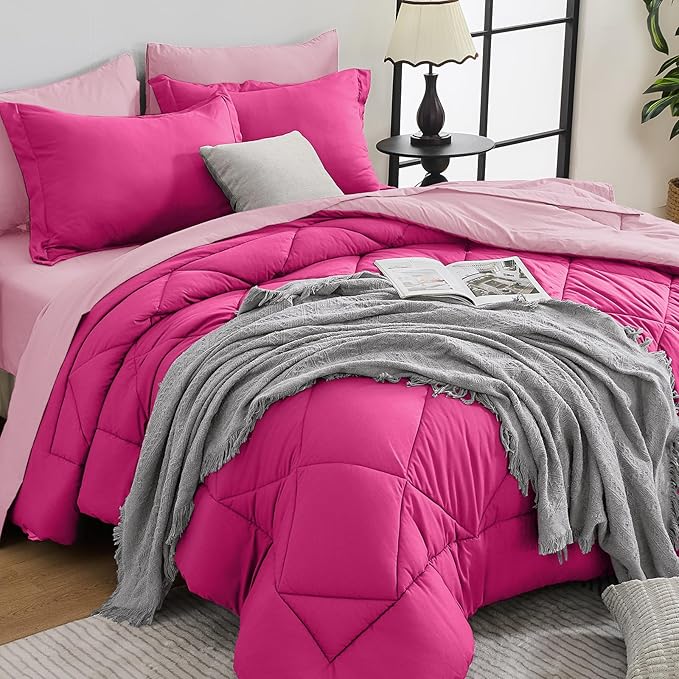HEVUMYI Hot Pink & Baby Pink Twin Comforter Set - 5-Piece All Season Bed in a Bag Twin, Ultra Soft Bedding Set with Comforter, Flat Sheet, Fitted Sheet, Pillowcases, Pillow Shams