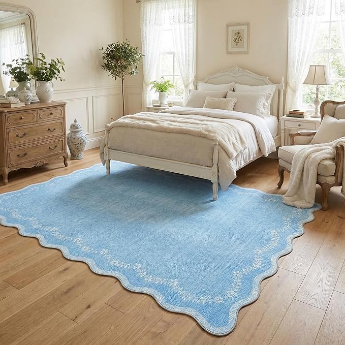 GarveeHome 5x7 Scalloped Area Rug Blue Washable Bedroom Living Room Rug | Soft - Image 2