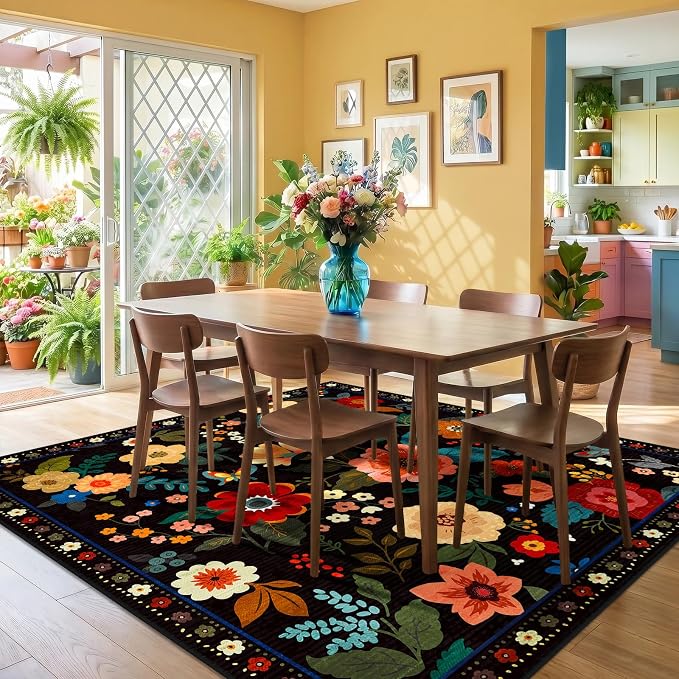 RELEANY Floral Washable Square 6ft Area Rug Black | Flower Carpet Print Boho - Image 2