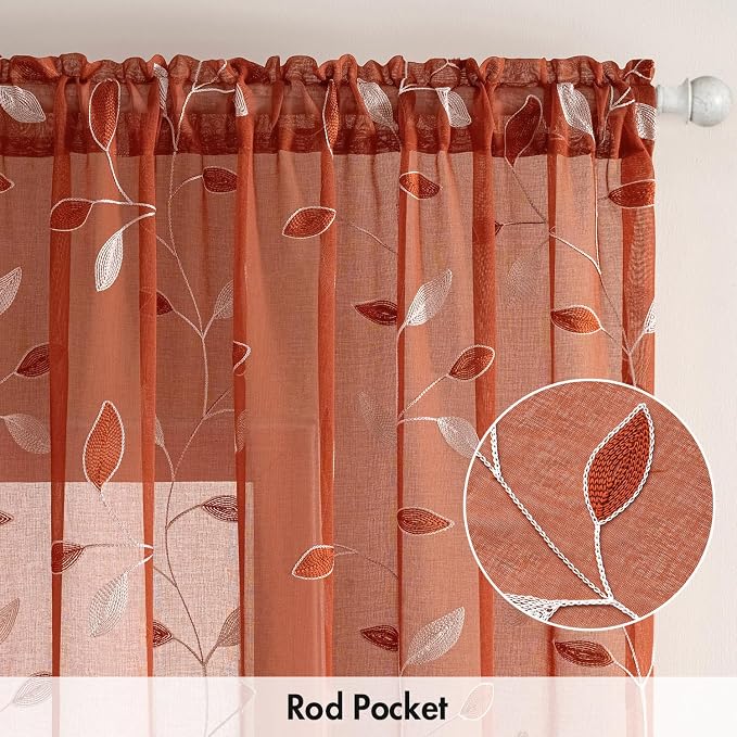 MIULEE Terracotta Sheer Fall Curtains 2 Panels Leaf Patterned, W52 x L54 | - Image 6