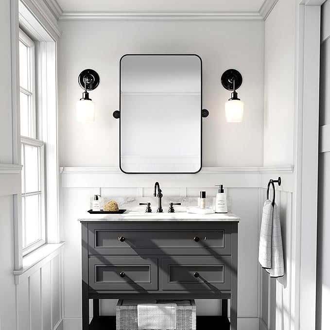 24" x 36" Pivot Rectangle Bathroom Mirror Tilting Beveled Black Metal Framed Vanity Mirrors for Wall, Tempered Glass