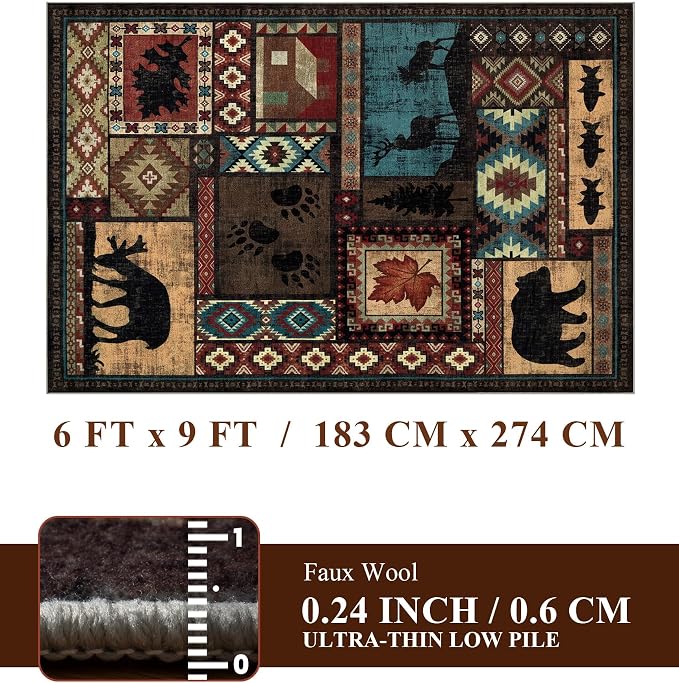 Rustic Cabin Area Rug 6x9, Machine Washable Lodge Bear Rug, Non-Slip Low Pile - Image 2