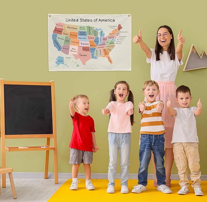 Map Theme Education Rectangular Banner-Flag Wall Sign Decor for Baby Toddler Boy Girl Kids Teen,Classroom Homeschool Nursery Reading Room Teacher Office Decor-Baby Shower Birthday Christmas Gift