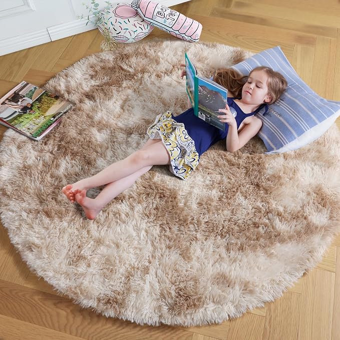 Amdrebio Beige Tan Round Small Area Rug 4Ft - Image 8