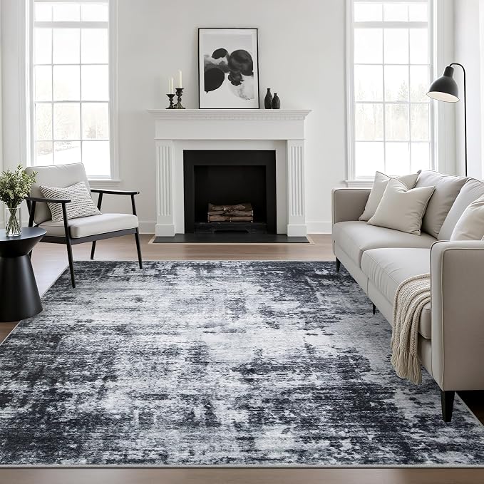 Area Rug Living Room: 8x8 Modern Washable Soft Carpet Dark Black | by FXRHLP