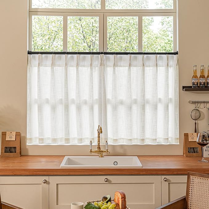 Cream Ivory Linen Pleated Light Filtering Curtains 30 Inch Length | Semi Sheer by Twodrapes