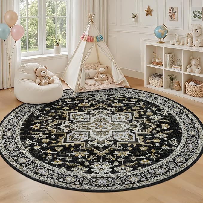 Round Area Rug for Living Room: 6ft Boho Washable Rug Black Gold | Vintage Boho - Image 5