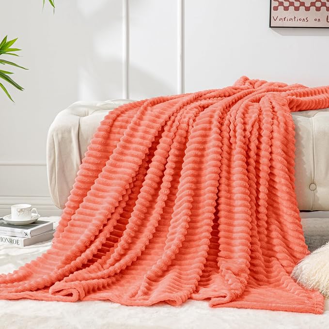 BEDELITE 3D Ribbed Coral Red Fleece Throw Blanket - Image 2