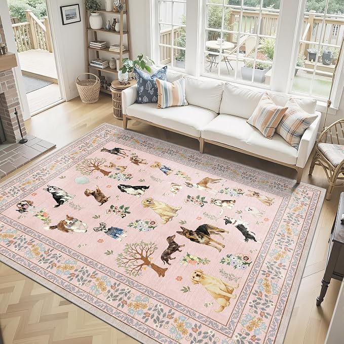 Pink Floral Area Rug 6x9 for Living Room Bedroom | Ultra-Thin; Easy Clean; Non - Image 3