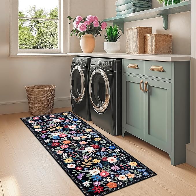 PLHXFR 2x5 Washable Runner Rug：Floral Indoor Kitchen Soft Carpet Black | - Image 4
